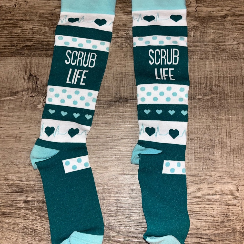 Scrub Life Nurse Doctor Fun Humor Novelty High Cut Socks Teal/White OS NWOT